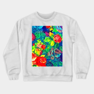 Brightly Colored Rose Pattern Blue Background Crewneck Sweatshirt